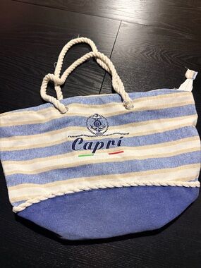 Striped Rope-Handle Beach Tote in Blue & Cream